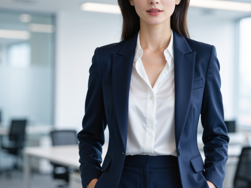 四十五岁左右中年女性头像，穿职业套装，蓝色背景，专业商务形象